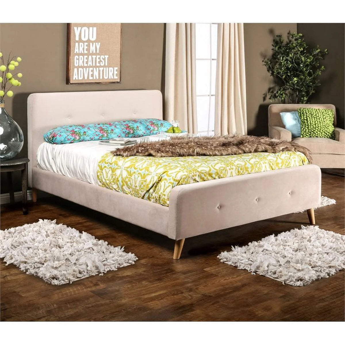 Beige Chenille Upholstered Queen Platform Bed K326706