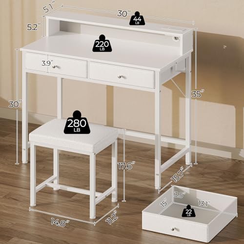 White Vanity Desk with Drawers and Charging Station O418644
