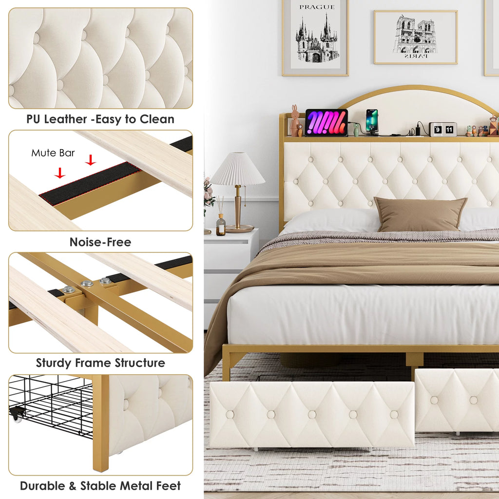 White Queen Size Storage Bed with 2 Drawers T8141